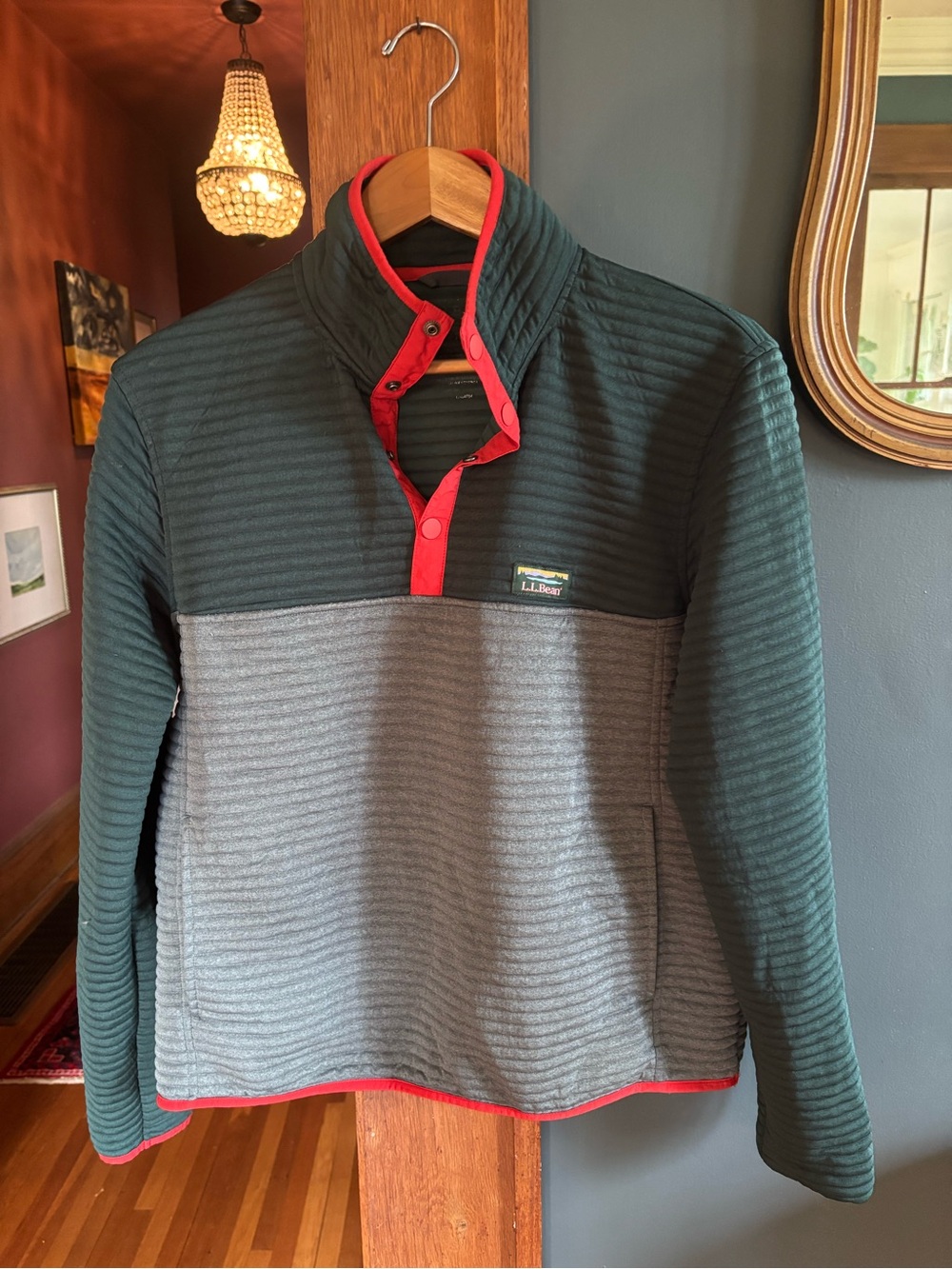 L.L. Bean Men's Two-Tone Quilted Pullover Sweater - Dark Green & Gray